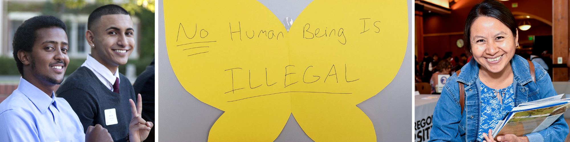 students smiling; butterfly with a message: "No human being is illegal" 