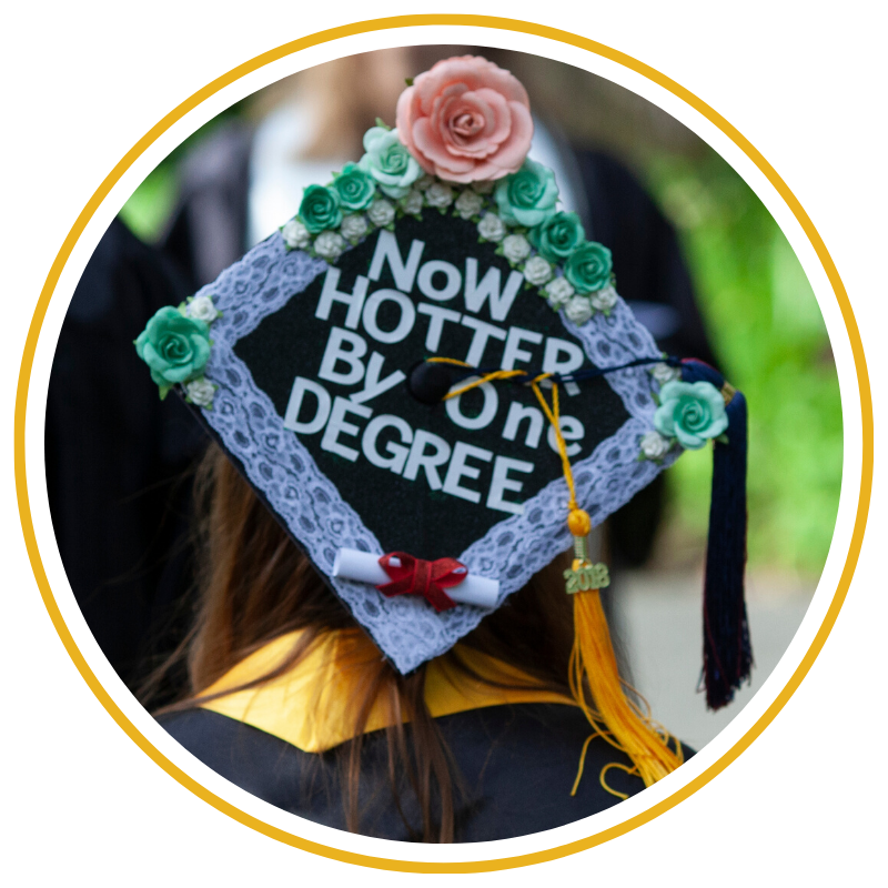 graduation cap with words "Now hotter by one degree"