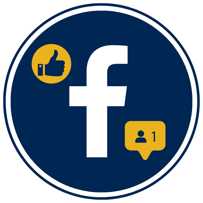 Facebook logo, thumb up, new follower alert